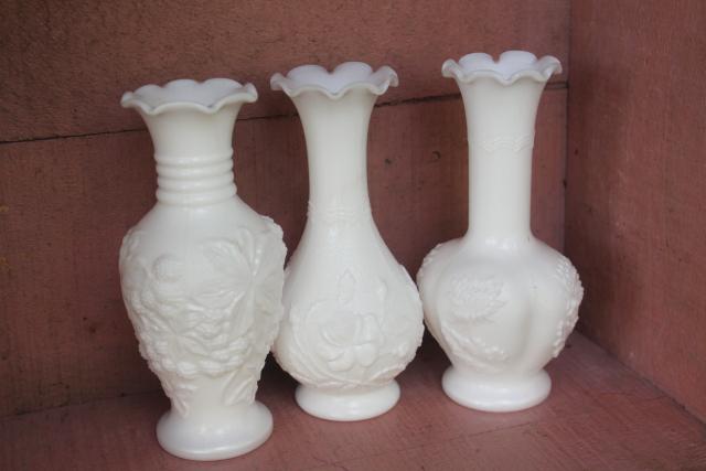 collection of vintage milk glass bud vases - rose, grapes, chrysanthemum Imperial glass