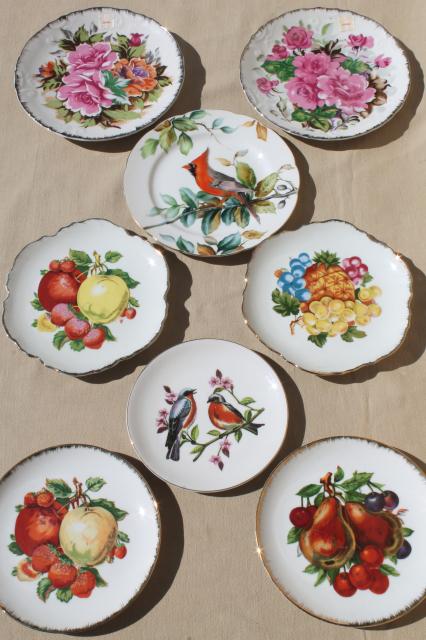 collection of vintage painted china plates w/ fruit, flowers, song birds