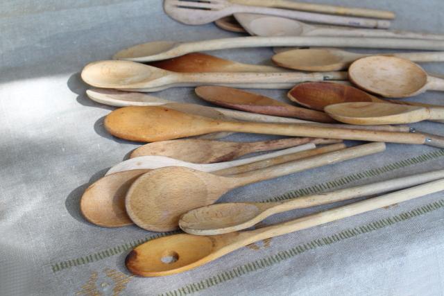 collection of vintage wood spoons - rustic country farmhouse kitchenware utensils
