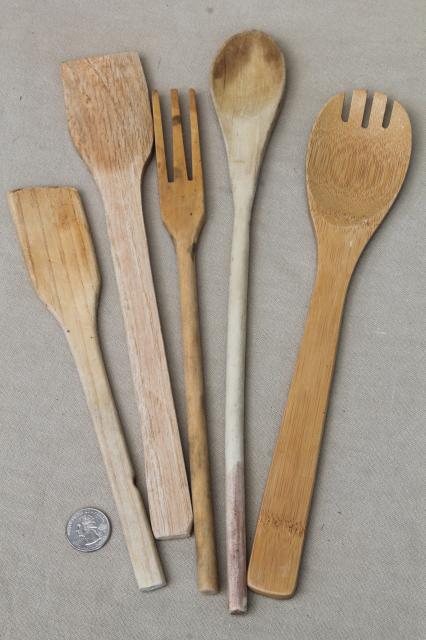collection of vintage wooden kitchen utensils, wood spoons, meat tenderizer mallets