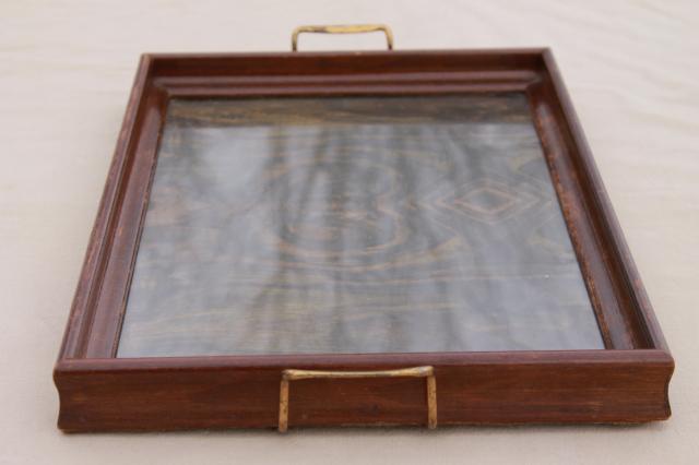 collection of wood frame trays, antique vintage glass topped serving tray lot