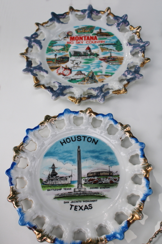 collection vintage lace edge souvenir plates mid-century kitsch road trip travel