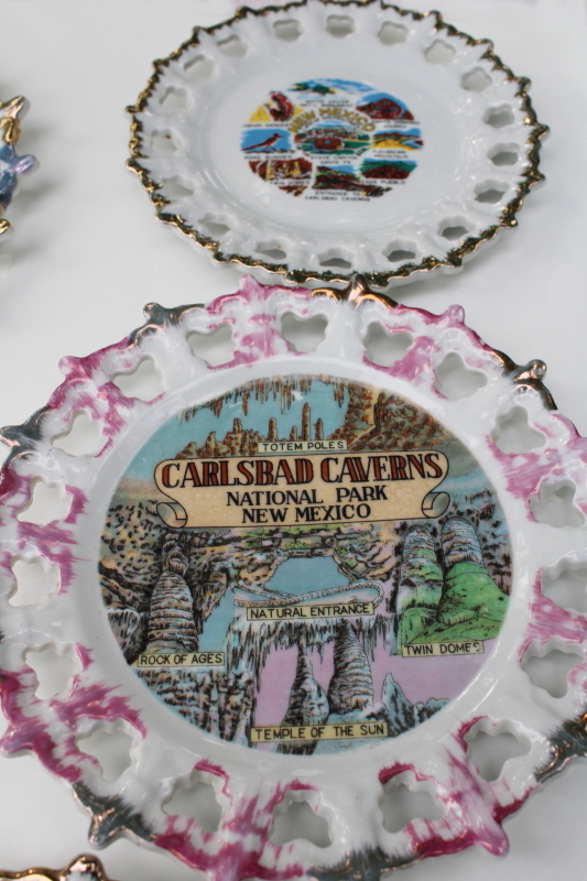 collection vintage lace edge souvenir plates mid-century kitsch road trip travel