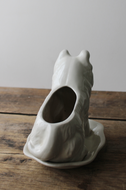 collie dog vintage ceramic planter pot w/ tray, plain white minimalist mod catch all caddy