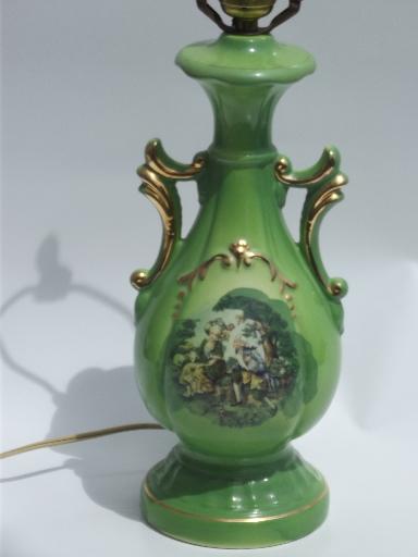 colonial courting couple painted china table lamp, 1940s vintage