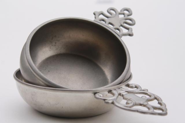 colonial style vintage pewter porringers, antique reproduction metalware 
