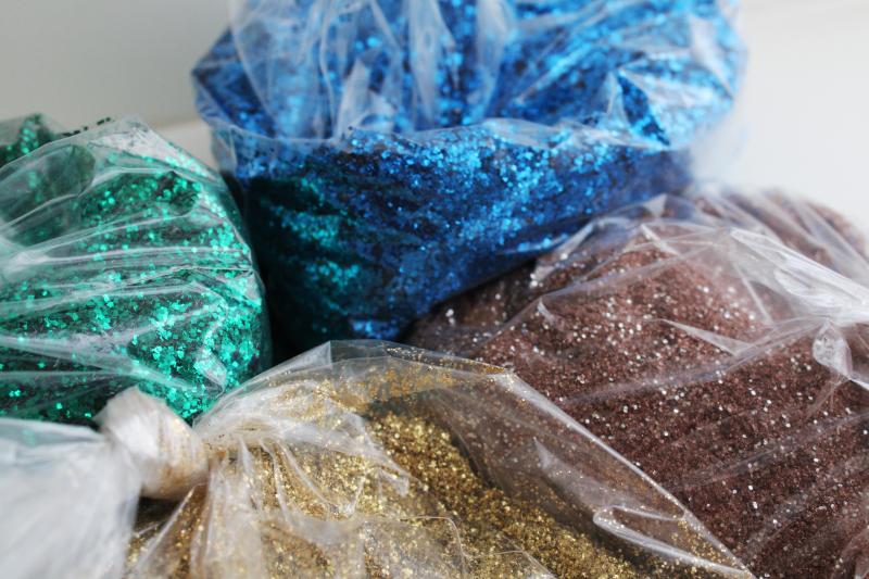 colored craft glitter, vintage new old stock sparkle blue, green, gold, sand pink