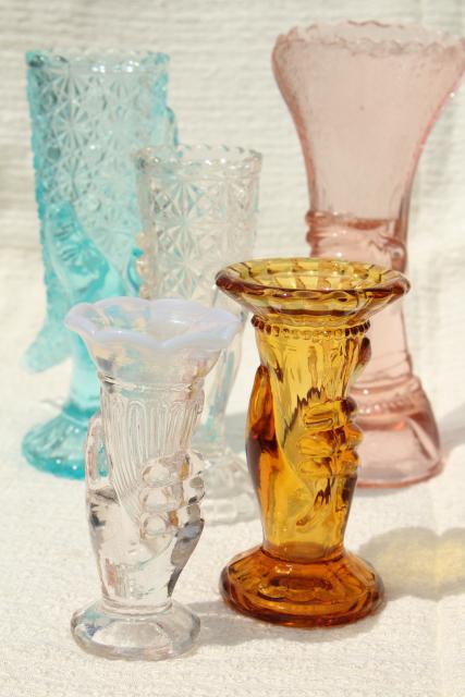 colored glass figural flower vases, pressed glass lady hand holding vase collection