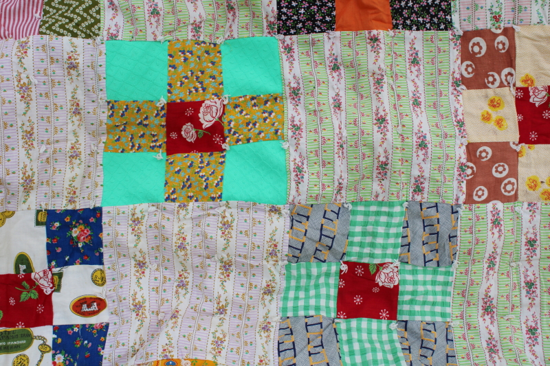 colorful vintage patchwork quilt, 60s 70s retro print fabric blocks, boho style