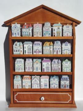 complete Lenox china Spice Village spices jars set and wood wall rack shelf