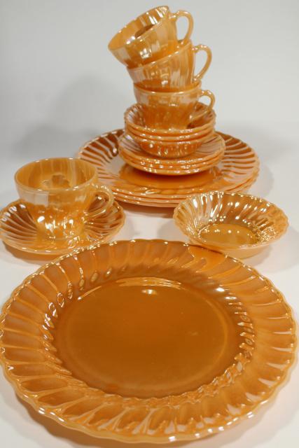 complete set vintage Anchor Hocking Fire King swirl glass dishes, peach luster copper tint