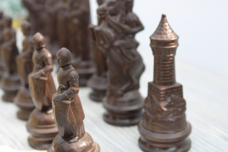 complete vintage chess set, ANRI ES Lowe medieval King Arthur, carved wood look plastic