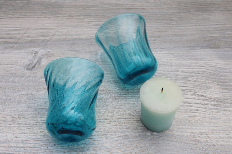cool aqua blue hand blown glass votive candle holders, vintage Mexico art glass
