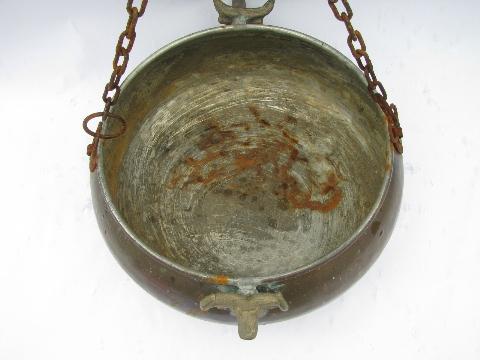 copper campfire kettle, hanging pot w/ brass longhorns, western ranch style