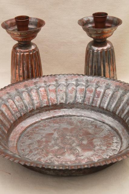 copper w/ silver wash vintage tooled metalware, large bowl & pair of candlesticks