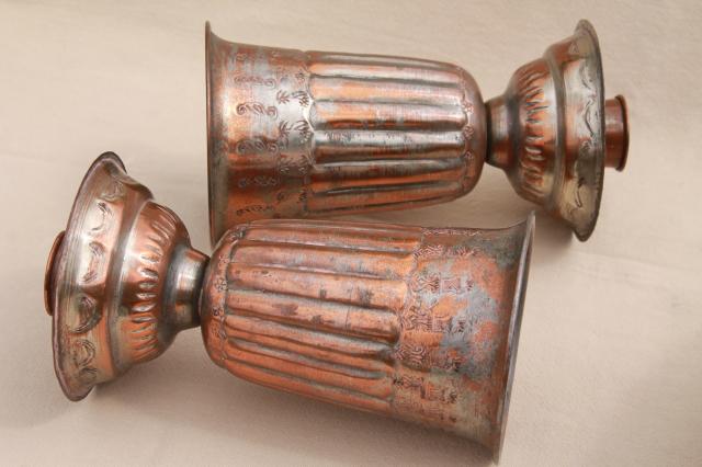 copper w/ silver wash vintage tooled metalware, large bowl & pair of candlesticks