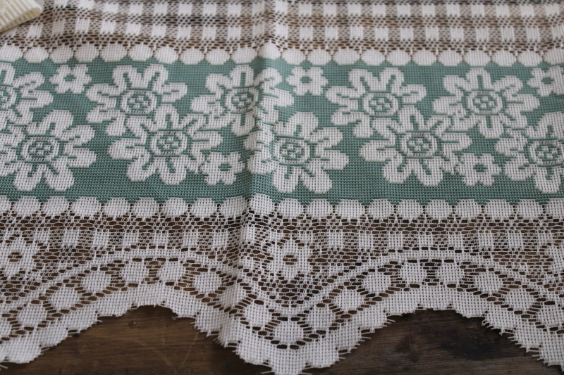 cottage chic lace curtains, vintage green  cream panels w/ ruffled valance
