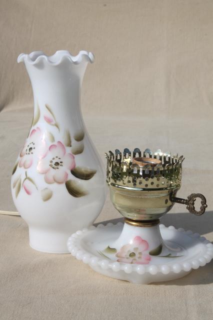 cottage chic vintage milk glass lamp w/ hurricane shade, apple blossom floral