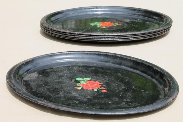 cottage tray set, shabby vintage tole trays w/ hand-painted flowers on black