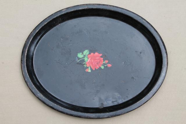 cottage tray set, shabby vintage tole trays w/ hand-painted flowers on black