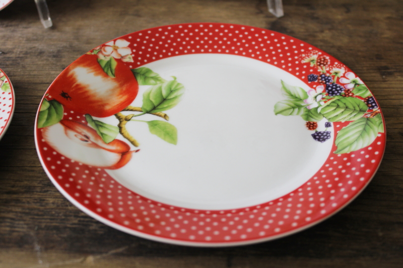cottagecore vintage dishes, red  white dotted border plates w/ apple print