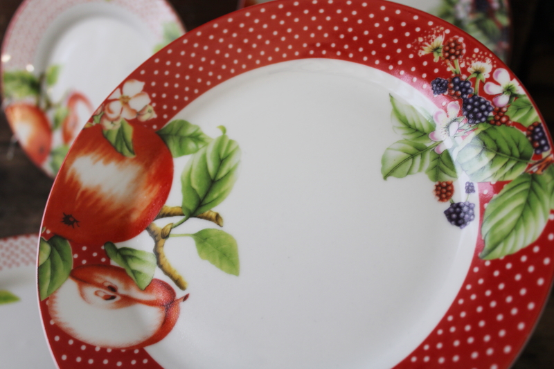 cottagecore vintage dishes, red  white dotted border plates w/ apple print