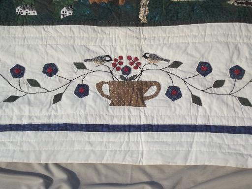 cotton applique quilt bedspread w/ old time Maine scenes, vintage LL Bean