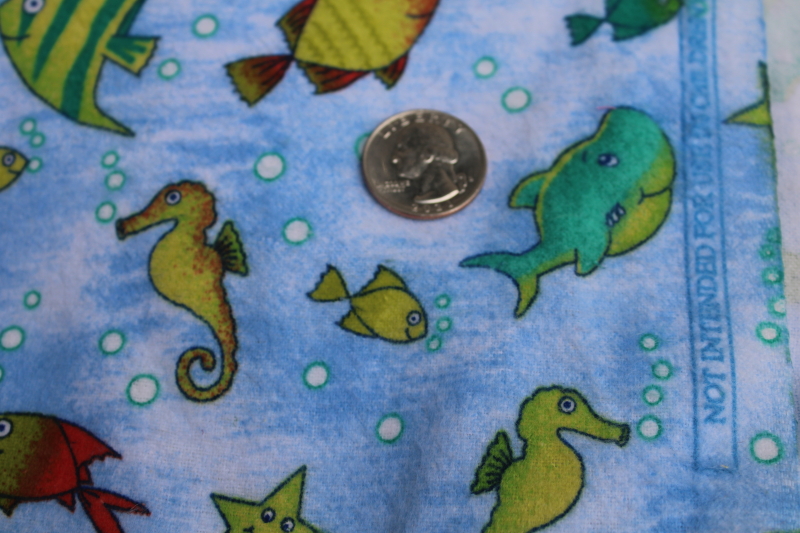 cotton flannel fabric w/ funny fish print, smiling starfish, whales under the sea