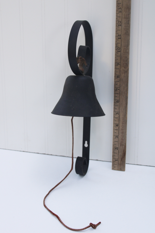 country farmhouse ranch doorbell dinner bell, vintage black iron wall mount bell with pull cord