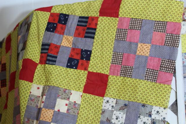 country primitive old antique patchwork quilt top, red yellow blue print cotton fabric blocks