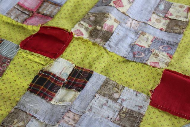 country primitive old antique patchwork quilt top, red yellow blue print cotton fabric blocks