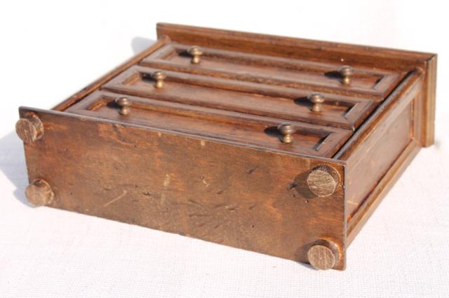 country primitive pine wood jewelry box, small chest of drawers, vintage doll dresser