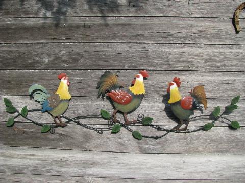 country roosters, painted tole metal wall art, not vintage, but cute!
