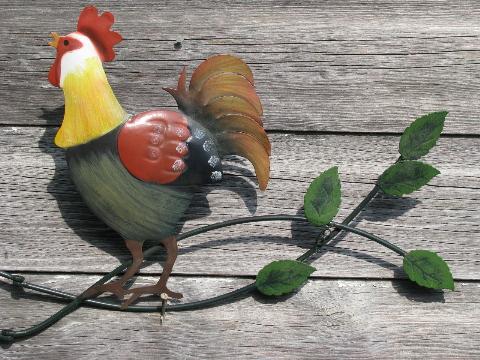 country roosters, painted tole metal wall art, not vintage, but cute!