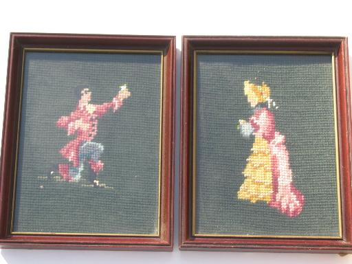 courting couple pair of vintage needlepoint pictures, framed needlepoints