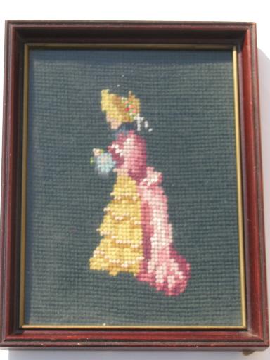 courting couple pair of vintage needlepoint pictures, framed needlepoints