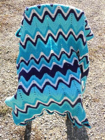 cozy vintage hand-crocheted wool afghan throw blanket, shades of blue