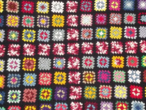 cozy vintage wool afghan throw blanket, retro granny squares crochet