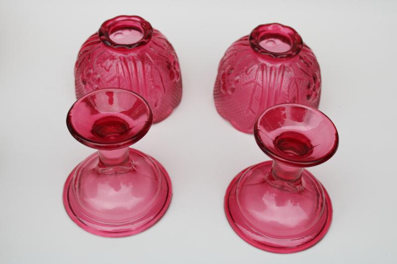 cranberry red pink glass fairy lights, pair of vintage tea light candle lamps