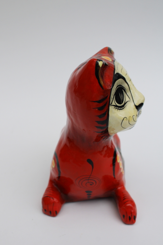 crazy cat hand painted Mexican folk art paper mache figurine pity kitty vintage