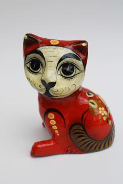 crazy cat hand painted Mexican folk art paper mache figurine pity kitty vintage