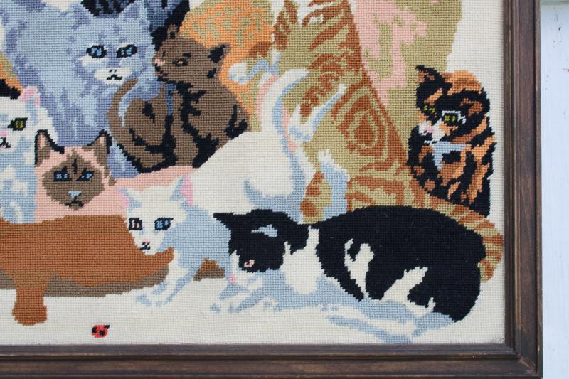 crazy cats needlepoint picture, vintage framed needlework, cat lady wall art