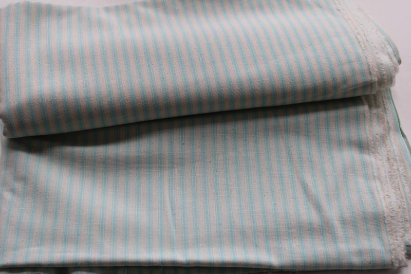 cream & aqua ticking stripe poly cotton fabric, farmhouse country primitive vintage style