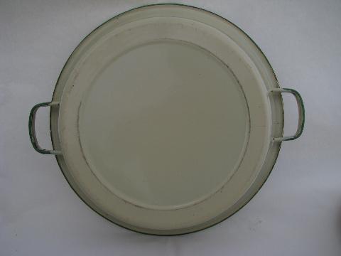 cream / jadite green vintage enamelware turkey roaster, pan & bowl