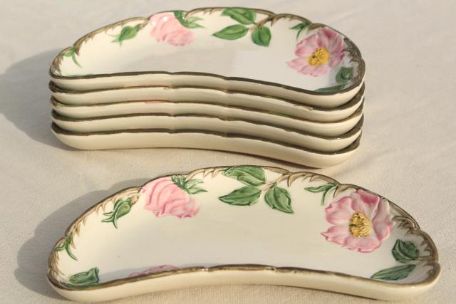 crescent shaped salad plates / side dishes, vintage Franciscan Desert Rose