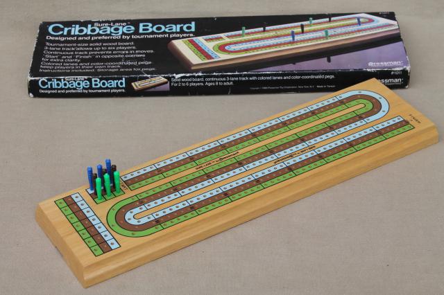 cribbage board lot, 4 vintage wood   card game  boards w/ pegs Drueke