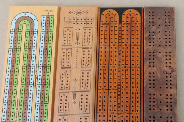 cribbage board lot, 4 vintage wood   card game  boards w/ pegs Drueke