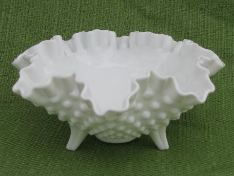 crimped ruffle footed hobnail milk glass flower bowl, vintage Fenton