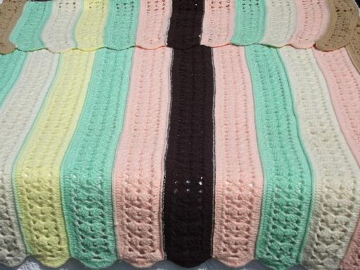 crocheted stripes afghan, vintage candy mint pastels w/ chocolate brown