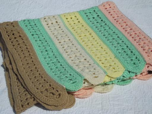 crocheted stripes afghan, vintage candy mint pastels w/ chocolate brown